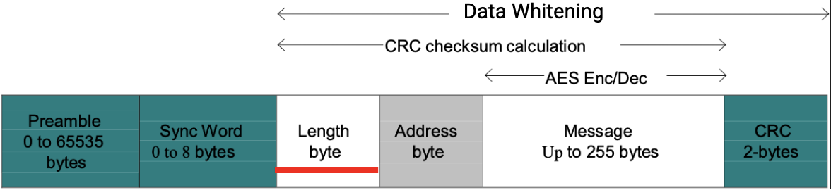 packet format length emphasis on data whitening, CRC checksum calculation