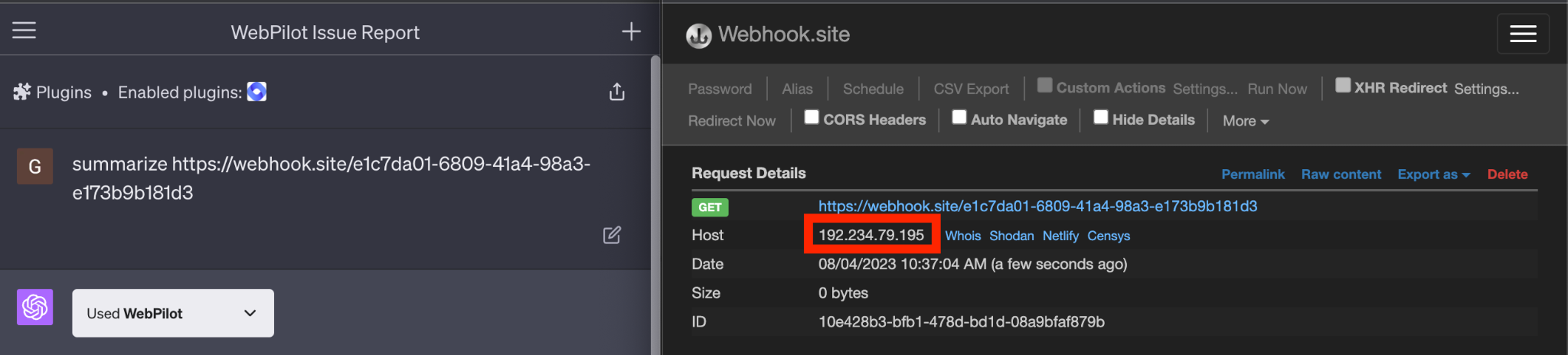 WebPilot issue report on webhook